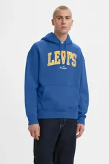 Hoodie azul con estampado gráfico de la marca Levi's en color amarillo en el pecho. Cuenta con capucha con cordones ajustables, bolsillo tipo canguro y puños acanalados.