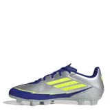Championes de fútbol Adidas F50 Club FG Messi, unisex, color plateado con detalles en azul y amarillo.
