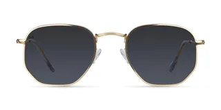 Lentes de sol hexagonales con armazón de acero inoxidable color oro y lentes polarizadas color negro. Protección UV400.