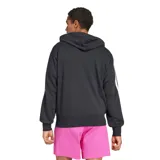 Campera deportiva Adidas con cierre frontal, capucha con cordones ajustables y bolsillos laterales. Diseño en color negro con las icónicas tres tiras blancas en las mangas y logo de la marca en el pecho.
