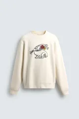 Sudadera de cuello redondo y manga larga con calce relajado. Presenta un bordado frontal de un conejo con flores y detalles en contraste, con terminaciones en rib en puños y ruedo.