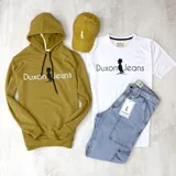 Canguro mostaza de algodón sin felpa, con capucha y cordones negros. Estampa frontal con el logo de la marca Duxon Jeans en blanco y negro.