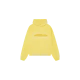Hoodie oversize amarillo de Eme Studios, con capucha, bolsillo frontal tipo canguro y detalle de texto bordado en el pecho.