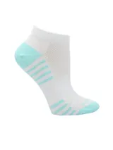 Medias deportivas cortas de algodón, color blanco con detalles en turquesa en el talón, puntera y empeine, con diseño de rayas horizontales.