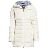 Campera acolchada color blanco con capucha y relleno de plumón.