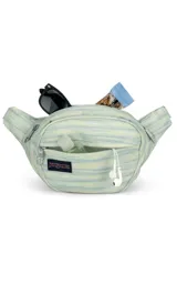 Riñonera negra de la marca JanSport, modelo Fifth Avenue, con parche frontal de la marca y cierres metálicos.