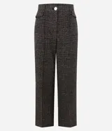 Pantalón de corte recto con estampado a cuadros, confeccionado en mezcla de fibras. Presenta cintura con presillas, bolsillos laterales y traseros, y aletas decorativas en el frente.