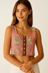 Crop top sin mangas de lino color rosado con estampado de jarrones y plantas, cuello cuadrado y cierre frontal con botones.