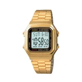 Reloj digital Casio de estilo retro con caja y malla de acero inoxidable en tono dorado. Cuenta con pantalla digital, cronómetro, alarma, calendario automático y luz LED.