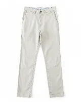 Pantalón de corte regular confeccionado en una mezcla de algodón y lino, color beige. Presenta cierre de botón y cremallera, bolsillos laterales y traseros, y trabillas para cinturón.