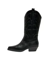 Botas estilo texanas de caña alta color negro, con diseño de costuras en relieve, punta cuadrada y taco bajo.
