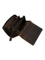 Billetera de cuero natural marrón RKF, modelo Oh Rossi Big, con solapa frontal imantada, cierre perimetral y detalles de compartimentos internos.