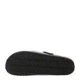 Zuecos de estilo mule color negro, con capellada de cuero sintético, tira ajustable con hebilla lateral y suela de corcho con base de goma antideslizante.