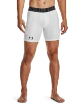 Short de compresión Under Armour de la línea HeatGear, diseñado para entrenamiento de alto rendimiento. Presenta un ajuste ceñido al cuerpo, cintura elástica ancha con logo de la marca, paneles de malla para ventilación y un bolsillo lateral Strength Pocket.