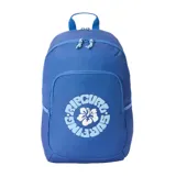 Mochila Rip Curl de 30 litros confeccionada en poliéster reciclado, color azul. Presenta un compartimento principal con cierre, bolsillo frontal con estampa circular de la marca y una flor, correas ajustables y manija superior.