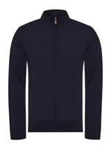Cardigan de punto azul marino RKF modelo Amalfi, con cuello alto, cierre frontal completo con tirador de cuero y mangas largas.