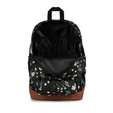Mochila JanSport modelo Cool Student, color negro con estampado floral en tonos blanco, rosa pálido y verde. Base y ribetes de cuero sintético marrón. Cuenta con dos compartimentos principales, bolsillo frontal con organizador, bolsillo lateral para botella y funda interna para laptop.