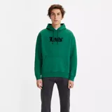 Canguro Levi's de felpa francesa suave, color verde, con capucha ajustable mediante cordón, bolsillo tipo canguro y el logo de la marca en tipografía Old English en el pecho.