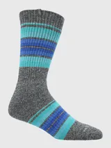 Calcetín de tejido grueso con diseño de rayas horizontales en tonos azul y turquesa sobre una base gris jaspeada.