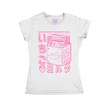 Remera blanca de corte entallado con estampa frontal en color rosa inspirada en Majin Boo de Dragon Ball, con diseño de caja de leche de frutilla y texto en japonés.