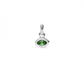 Dije charm plateado con cristal verde en forma de ojo.