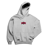 Canguro de felpa color gris melange con capucha ajustable mediante cordón, bolsillo tipo canguro al frente, puños y cintura elasticados, y un parche bordado con diseño romboidal y letras en el centro.