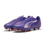 Championes de fútbol Puma Ultra 5 Play FG/AG, color violeta con detalles en rosa y naranja.