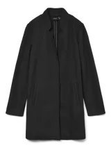 Campera larga de tejido interlock, color negro, con cuello mao, cierre frontal a presión y bolsillos laterales funcionales.