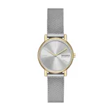 Reloj Skagen de diseño minimalista con caja redonda de 30mm en tono dorado y esfera plateada con acabado sunray. Presenta una malla de acero inoxidable en tono plateado y movimiento de cuarzo.
