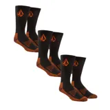 Pack de tres pares de medias deportivas Volcom de caña media, color negro con detalles en naranja. Presentan el logo de la marca bordado en la parte superior y refuerzos en talón y puntera.