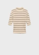 Jersey de punto fino con textura acanalada, diseño a rayas horizontales, cuello perkins y mangas tres cuartos.