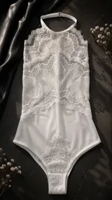 Body de encaje blanco con diseño de cuello halter, confeccionado con detalles de encaje floral y panel inferior de tela suave. Presenta un cierre ajustable en el cuello y un diseño de espalda abierta.