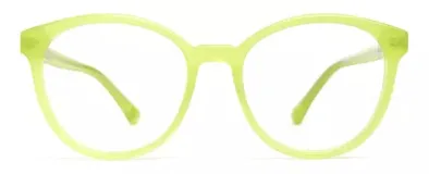 Armazón para lentes de receta, modelo Anya, color verde lima, con forma de ojo de gato y patillas con núcleo de metal plateado.