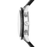 Reloj cronógrafo Emporio Armani modelo Mario con caja de acero inoxidable, esfera negra con índices plateados y correa de cuero negro.