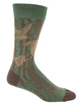 Medias de largo medio marca RKF, color verde con estampado de patos y árboles en tonos marrones. Confeccionadas en fibra de bambú con puntera y talón reforzados en color marrón.