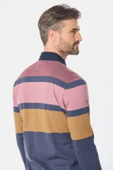 Remera polo de manga larga a rayas horizontales en colores rosa, marrón y azul, con cuello clásico azul marino y tapeta con botones.