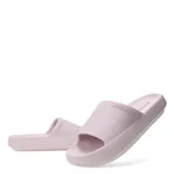 Chanclas de goma color beige de suela gruesa y diseño slide con textura en relieve y logo de la marca en la tira.