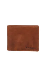 Billetera de cuero natural color caramelo con costuras a la vista y logo de la marca grabado en la esquina inferior derecha. Cuenta con tecnología RFID para protección de datos.