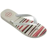 Ojotas Havaianas Top Basic con base a rayas horizontales en blanco, gris y negro, y tiras negras.