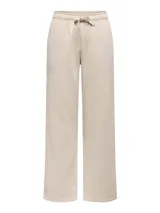 Pantalón jogger para mujer de tiro medio, pierna recta y wide leg, color beige, con cintura elástica y cordón ajustable.