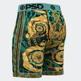 Calzoncillos tipo bóxer PSD con estampado de guepardo en tonos turquesa, negro y dorado. Cintura elástica turquesa con logo de la marca.