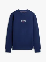 Buzo Tommy Hilfiger de cuello redondo, color azul marino, con logo bordado en el pecho.