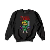 Buzo negro de cuello redondo con estampa frontal pixel art de Link, personaje de The Legend of Zelda, junto al logo del videojuego.