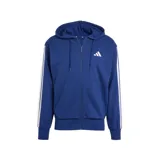 Campera deportiva Adidas con capucha y cierre frontal, confeccionada en tejido de felpa suave. Presenta las icónicas tres bandas blancas a lo largo de las mangas, bolsillos tipo canguro y puños de canalé.