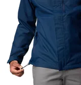 Campera impermeable Columbia modelo Hikebound II, color azul marino, con capucha ajustable, cierre frontal completo y bolsillo con cierre en el pecho. Diseño técnico con logo de la marca estampado.