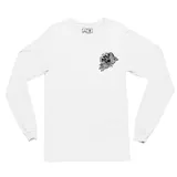 Remera de manga larga color blanco con estampa pequeña en el pecho y estampa grande en la espalda con diseño de pez koi y olas.