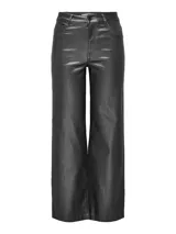 Pantalón de tiro alto y pierna ancha con corte recto, confeccionado en tejido con acabado efecto cuero. Presenta diseño clásico de cinco bolsillos, cierre frontal con botón y cremallera.