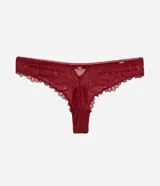 Bombacha tipo bikini de hilo doble, color rojo, confeccionada en encaje floral con laterales medios y bordes delicados.