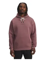 Buzo con capucha Under Armour de la línea Project Rock, confeccionado en tejido polar de mezcla de algodón. Presenta un diseño liso en color malva con bolsillo canguro frontal, cordones de ajuste en color crema y parche con el logo de la colección en el pecho.