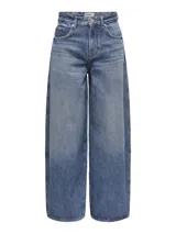 Jean de corte barrel fit con tiro alto y pierna holgada, confeccionado en denim de algodón con lavado azul medio.